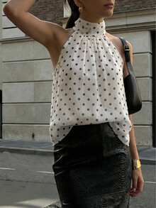 Pariaura Women's 2026 Y2K Aesthetic Polka Dot Halter Neck Top Sleeveless Lightweight Chiffon Cropped Blouse With Tie Back Detail Cute Feminine Summer Vacation Casual Daily Wear - White - View 1