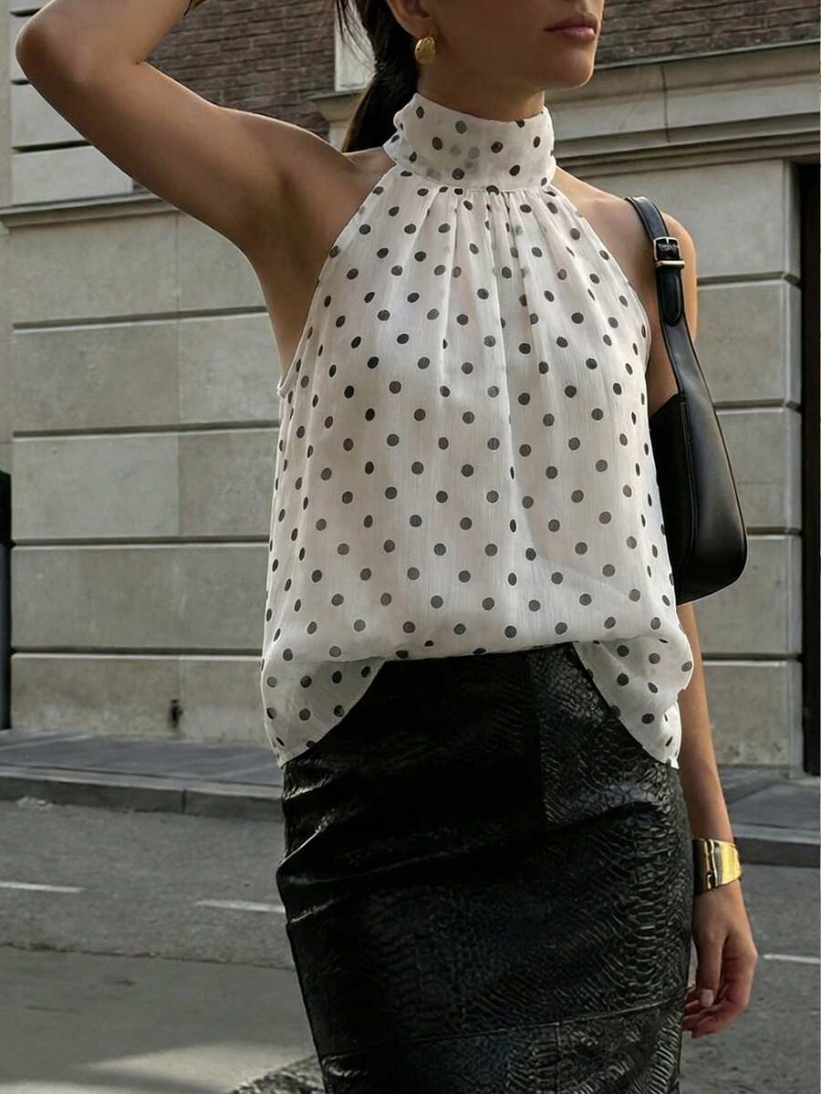 Pariaura Women's 2026 Y2K Aesthetic Polka Dot Halter Neck Top Sleeveless Lightweight Chiffon Cropped Blouse With Tie Back Detail Cute Feminine Summer Vacation Casual Daily Wear - White - View 1