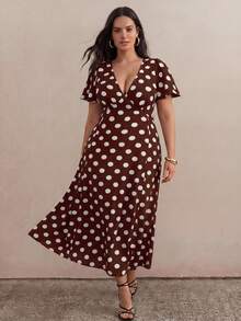 Juhart 大波点深V荷叶袖度假连衣裙 - 咖啡棕 - 查看 10