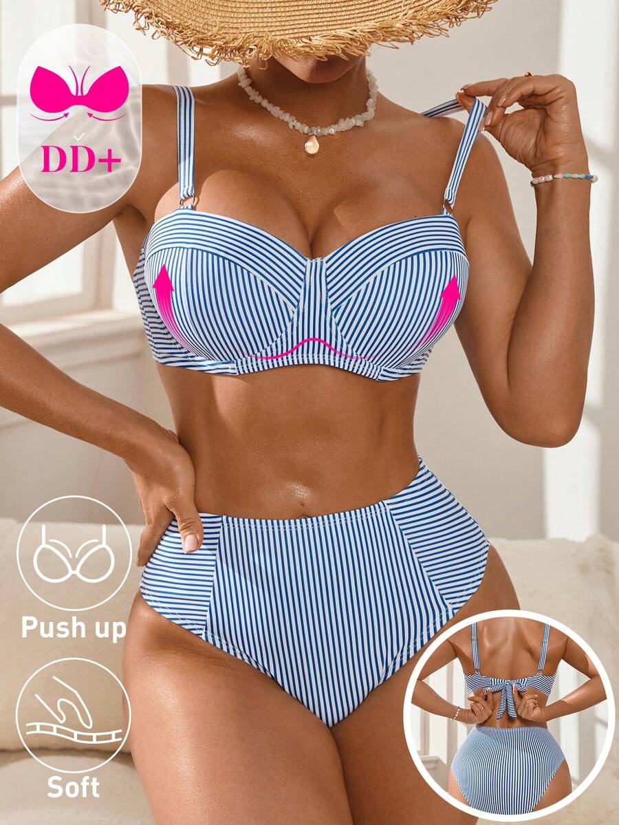 Swim DD+ Bộ đồ bơi 2 mảnh dành cho nữ, màu xanh sọc, có gọng, cỡ cúp DD+, nâng đỡ vòng một, giúp thon gọn vóc dáng, thích hợp cho kỳ nghỉ biển. - Nhiều màu - Xem 1