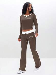 BABYPHAT Ribbed Knit Leggings For Women With Drawstring Waist And Cursive Script Embroidery Casual Everyday Wear Stretchy Comfort Fit Pants - Mocha Brown - View 2