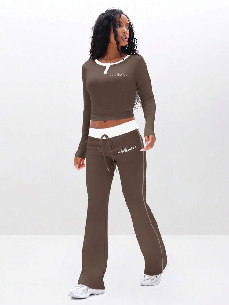 BABYPHAT Ribbed Knit Leggings For Women With Drawstring Waist And Cursive Script Embroidery Casual Everyday Wear Stretchy Comfort Fit Pants