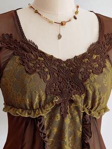 ROMWE Fairycore 仙女风蕾丝拼接荷叶边长袖修身女式上衣 - 棕色 - 查看 5