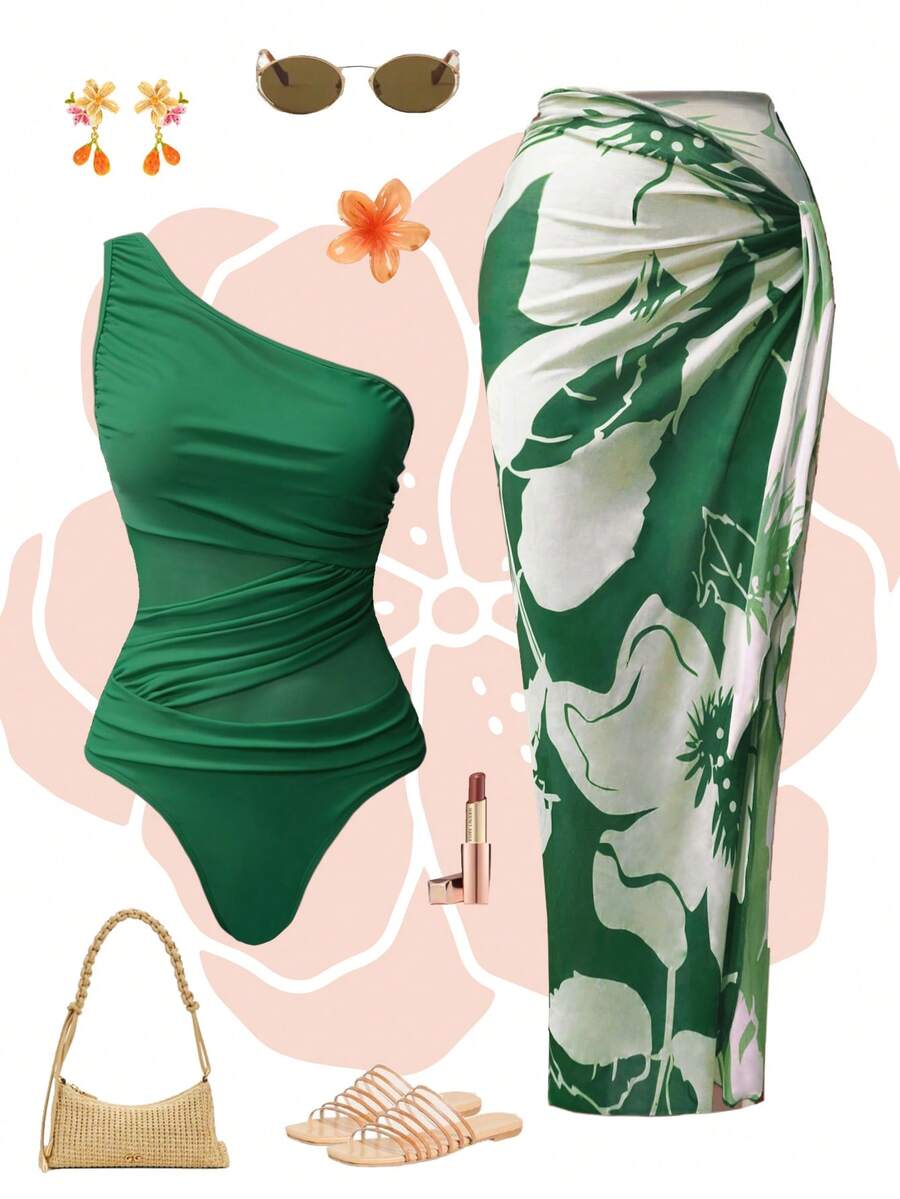 Swim Oasis Women's Solid Color Ruched One-Piece Swimsuit With Detachable Skirt, Suitable For Beach Vacation, Pool Party, Beach Party - Green - View 1