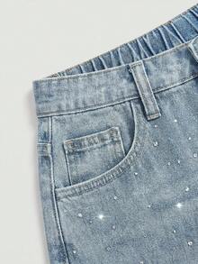 SHEIN 少女闪亮水钻复古蓝色牛仔宽松短裤 - 中等水洗藍 - 查看 3