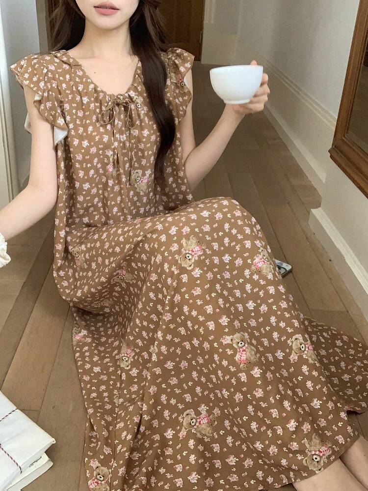Cute Floral & Bear Print Sleeveless Loose Long Dress, Summer Sleepwear Nightgown For Women