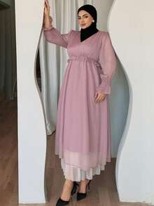 Dazy Plus Valentine Plus Size Women Solid Color Chiffon V-Neck Ruffle Trim Flare Sleeve Long Dress, Pink, Spring/Summer Maxi Dress Sundress - Pink - View 5