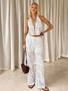 TRNVIE Women's White Summer Boho Vacation Holiday 2-Piece Set,Knit Jacquard Floral Lace-Up Backless Camisole & Wide Leg Drawstring Pants Casual Outfits - White - View 3