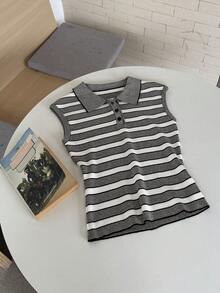 DAZY Contrast Stripe Fitted Polo Collar Casual Vacation Summer Knit Top For Women - Grey - View 7