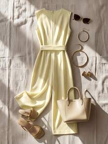 Franclia 大码女式优雅通勤简约纯色V领褶皱无袖宽松阔腿连体裤，配腰带，春夏款 - 鵝黃色 - 查看 2