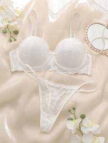 DelicateAllure Bộ đồ lót ren màu trơn có gọng dành cho nữ, gồm áo hai dây và quần lọt khe gợi cảm. - trắng - Xem 3
