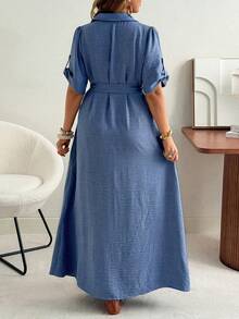 Ceyna Plus Size Embroidered Denim Effect Shirt Dress,Women Elegant Summer Blue And White Flower Chambray Maxi Dress For Vacation,Holiday Short Sleeve Fall - Blue - View 2