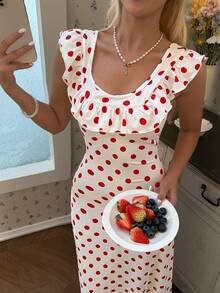 SHEIN Elegant Red Polka Dot Ruffle Hem Dress For Women, Summer - White - View 7
