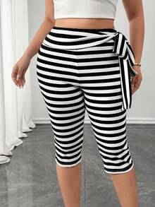 Elenzga Quần legging lửng cạp cao buộc dây kẻ sọc đen trắng dành cho nữ cỡ lớn, dáng ôm sát, co giãn, đa năng cho đi làm và mặc hàng ngày. - Đen và trắng - Xem 5