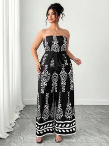 Elenzga Plus Size Women Vacation Style Strapless Wide Leg Jumpsuit - Black - View 6