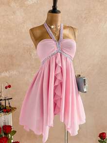 Elamini Đầm ngắn màu hồng thanh lịch, thoải mái, đa năng, thích hợp mặc hàng ngày dự tiệc, đính sequin, thắt nơ cổ, vạt bất đối xứng, dành cho nữ, mùa xuân/hè. - Hồng - Xem 1