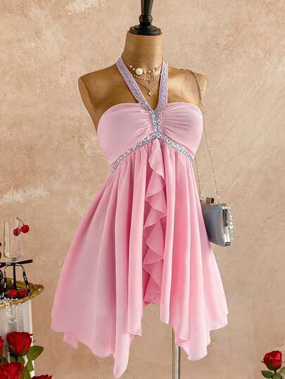 Elamini Women's Elegant Casual Everyday Versatile Party Sequin Ribbon Tie Neck Asymmetrical Hem Pink Short Dress, Spring/Summer