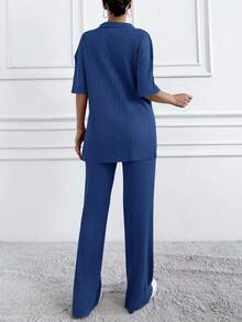 EURMUSE Cotton Two Pieces Set Polo Neck Top And Pant Set Rib Knit Fabric - Blue - View 2
