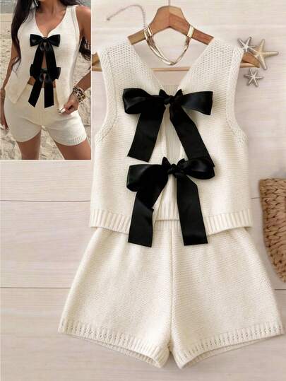 Franclia New Casual Loose Sweet Soft Sensual Backless Black Satin Bow Atmosphere Versatile Minimalist Unisex Outfit, Suitable For Walks, Outdoor, Weekend Leisure, Staying Home Relaxation, Simple Design, Sweet & Cool, Elegant Cream White Knit Sleeveless Top And Shorts Set