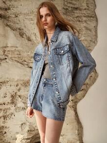 MOTF PREMIUM RHINESTONE WASHED DENIM SHORTS - Medium Wash - View 7