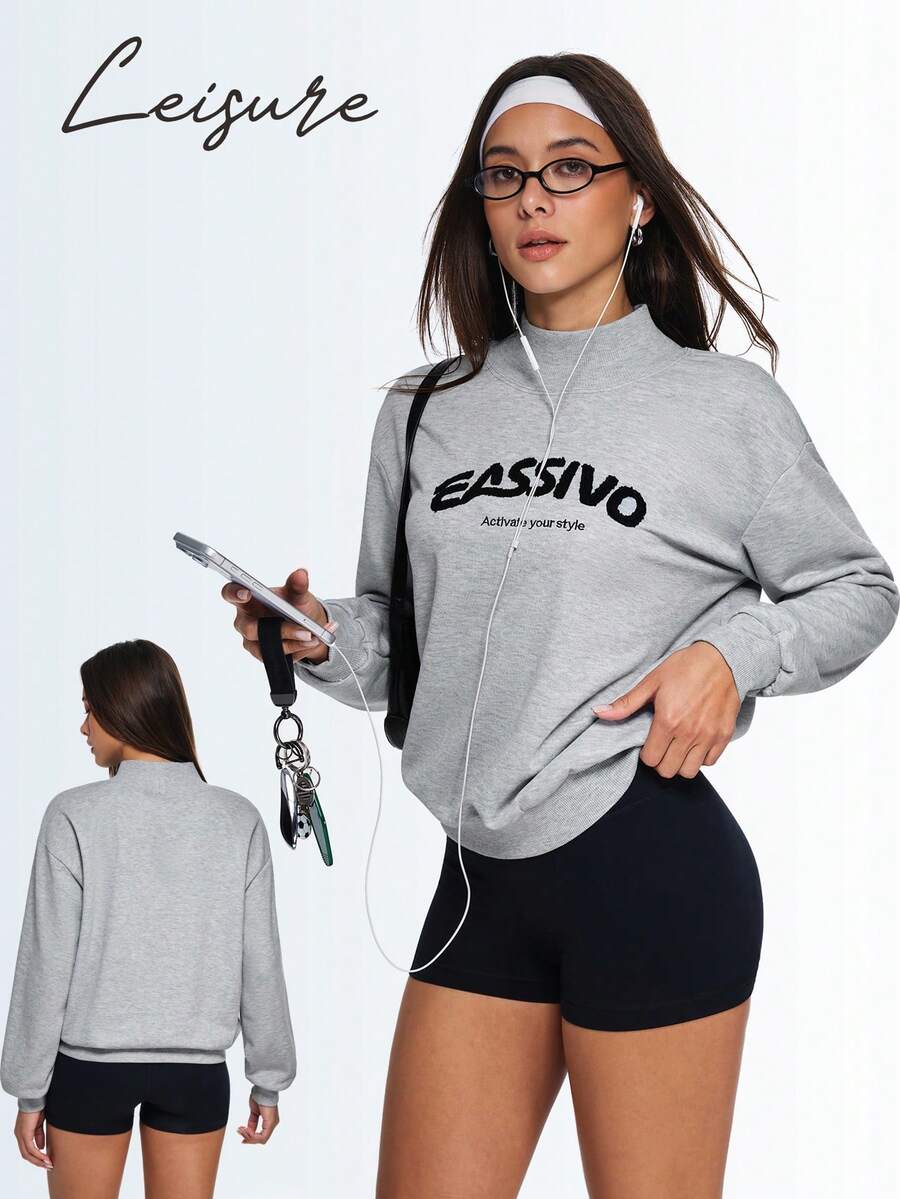 Eassivo Eassivo 女士休闲卫衣，绣有字母图案，高领套头运动衫 - 灰色 - 查看 1