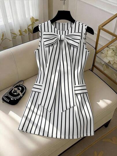 SHEIN Elenzya Women's Black & White Striped Sleeveless Bow Decor Round Neck Waist Tie Pocket A-Line Mini Dress, Elegant Commuter Cute Versatile Spring/Summer