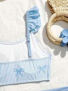 SHEIN Tween Girls Bikini Sets, Cute Knitted Bow Accent, Solid Blue With Ruffle Trim, Blue Mesh Fabric, Knit Material, 3-Piece Swimsuit Set, Fashionable Casual Elegant Lady Style, Suitable For Swimming, Vacation, Summer - Blue - View 5