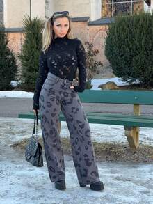 Jeta Ari Women's Fashion Leopard Print Belted Casual Rhinestone Embellished Jeans - Dark Grey - View 5