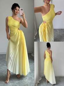 Modelyn Yellow Sleeveless Asymmetric Neck Pleated Ombre Dress For Women - Yellow - View 2