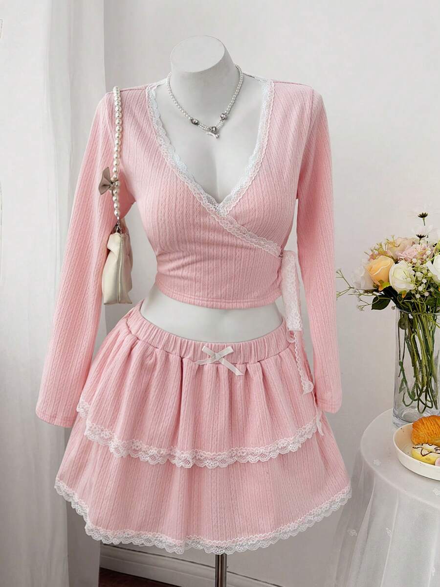 Sweetra Plus Size Textured Fabric Fitted Lace Patchwork Long Sleeve T-Shirt And Midi Skirt 2-Piece Set - Pink - View 1