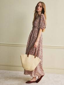 Écloséra 女士度假风扭腰碎花V领花瓣袖及膝连衣裙 - 彩色 - 查看 6