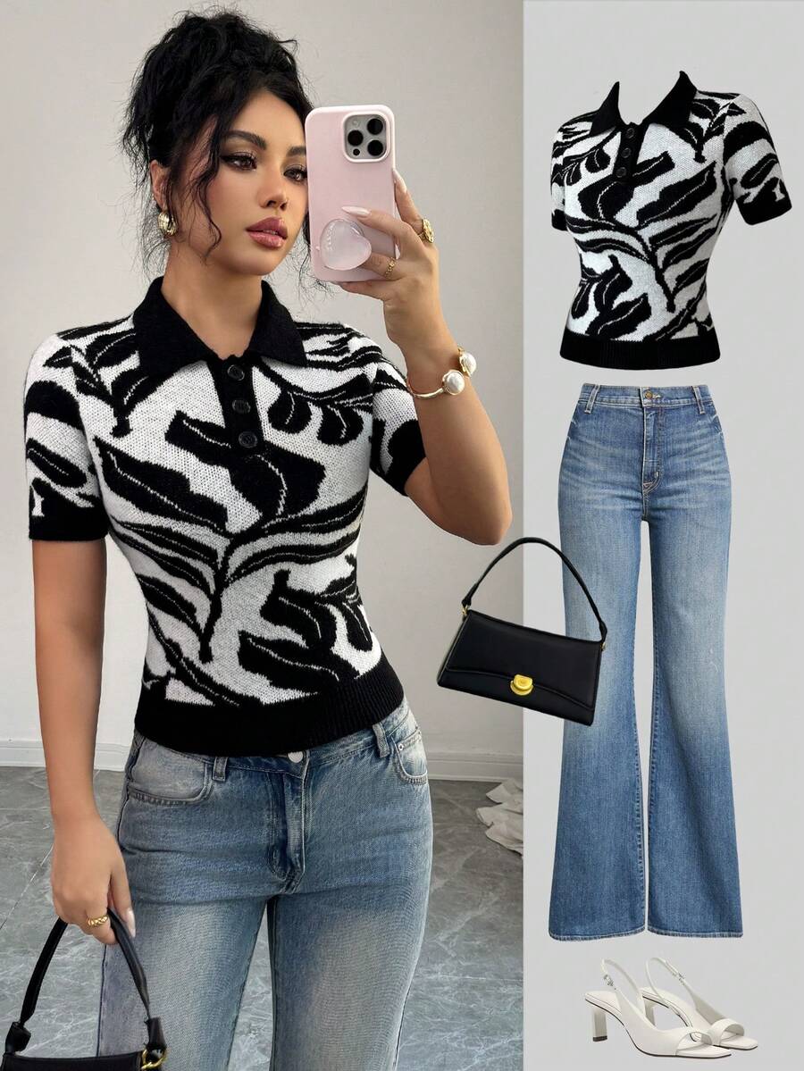 SHEIN Unity Contrast Color Leaf Pattern Polo Collar 3-Button Short Sleeve Fitted Women Sweater - Multicolor - View 1