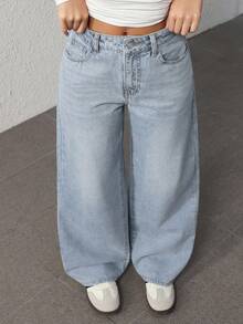 SHEIN PETITE Women's Casual Everyday Washed Slant Pocket Wide Leg Jeans - Light Wash - View 6