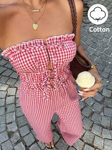 Sunnyshic 红色格子露背系带直筒阔腿连体裤，适合春夏穿着，时尚百搭，通勤、海滩、度假皆宜，风格优雅可爱，简约百搭，适合日常、购物、约会等场合。 - 紅色 - 查看 1