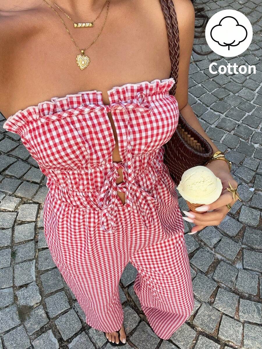 Sunnyshic 红色格子露背系带直筒阔腿连体裤，适合春夏穿着，时尚百搭，通勤、海滩、度假皆宜，风格优雅可爱，简约百搭，适合日常、购物、约会等场合。 - 紅色 - 查看 1