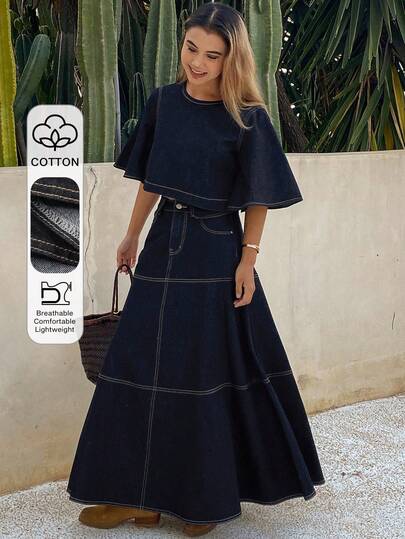 DAZY Women's Round Neck Short 3/4 Flare Sleeve Denim Top And Loose Long Denim Skirt Elegant Washed Denim Set