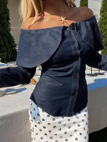 DAZY Women's Off-Shoulder Long Sleeve Open Front Casual Vacation Denim Blouse - Dark Wash - View 2