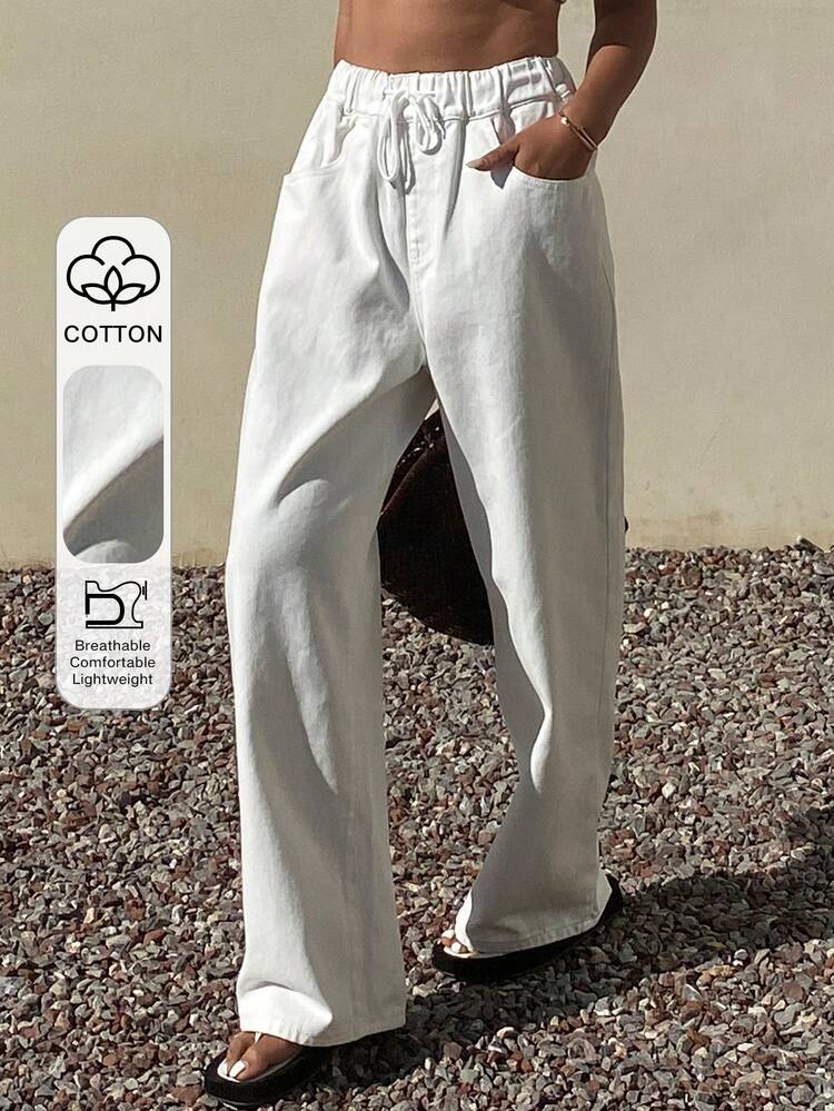 Tall Women's Drawstring Tie Waist Washed White Casual Jeans