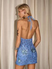 TRNVIE Sexy Backless Sequin Embroidered Mini Dress, Revealing Party Club Dress - Blue - View 2