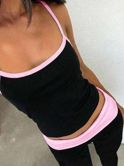 Summer Outfits Tween Girl Patchwork Color Camisole And Flare Pants Casual Outfit