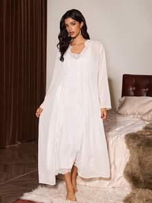 Slumberist 2pcs Women Sexy Lace Patchwork Camisole Nightgown And Robe Set - White - View 4