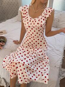 SHEIN Elegant Red Polka Dot Ruffle Hem Dress For Women, Summer - White - View 6