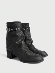 Sugerpunk Women's Fashion Versatile Commute Adjustable Buckle Chunky Heel Ankle Boots - Black - View 2