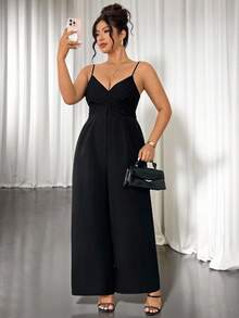 Cravure Plus Size Women's Black Summer Elegant Dinner Jumpsuit,Sleeveless Criss Cross Cami Crossover Bust Strap High-Waisted Wide Leg Woven Cropped Jumpsuit - Black - View 4