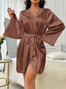 Snug Zone Women's Solid Color Lace Contrast Long Sleeve Casual Belted Robe Luxe Loungewear, Cozy And Elegant Details, Fall & Winter - Rust Brown - View 5