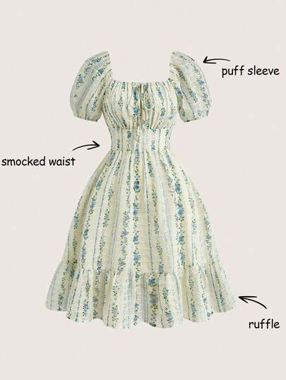 Olithes 女士夏季度假碎花方领泡泡袖收腰连衣裙