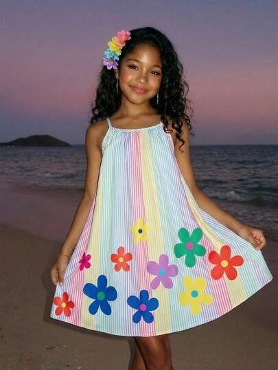 这款儿童背带裙采用宽松的A字廓形，饰以色彩缤纷的彩虹条纹和花朵图案，给人清新活泼的感觉。它轻盈吸睛，适合夏季户外活动、亲子出游、儿童派对和其他休闲场合。