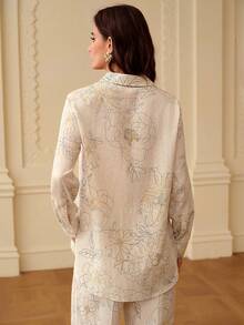 ZEYLAH 亚麻混纺长袖印花衬衫，春夏款 - 杏色 - 查看 4