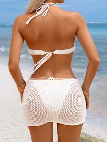 Swim Vcay New Fashion Vacation Style Knit Hollow-Out Top + Wrap Cover Up For Women - White - View 2