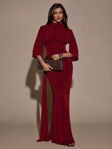 SHEIN BAE 女士纯色褶裥修身优雅七分袖连衣裙 - 酒紅色 - 查看 3
